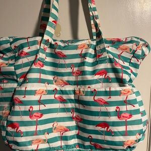Flamingo Print Striped Beach Bag